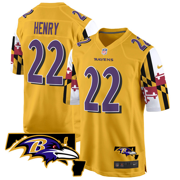 Men's Baltimore Ravens #22 Derrick Henry Gold 2025 Maryland Flag Vapor Limited Football Game Jersey Men's Baltimore Ravens #22 Derrick Henry Gold 2025 Maryland Flag Vapor Limited Football Game Jersey